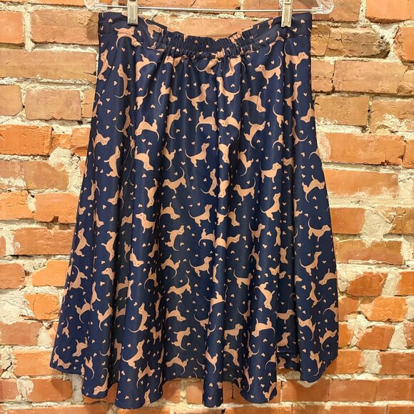 ModCloth Circle Whirl Skirt A-Line Dog Print Navy Brown Retro Dachshund Heart-L - Picture 2 of 3